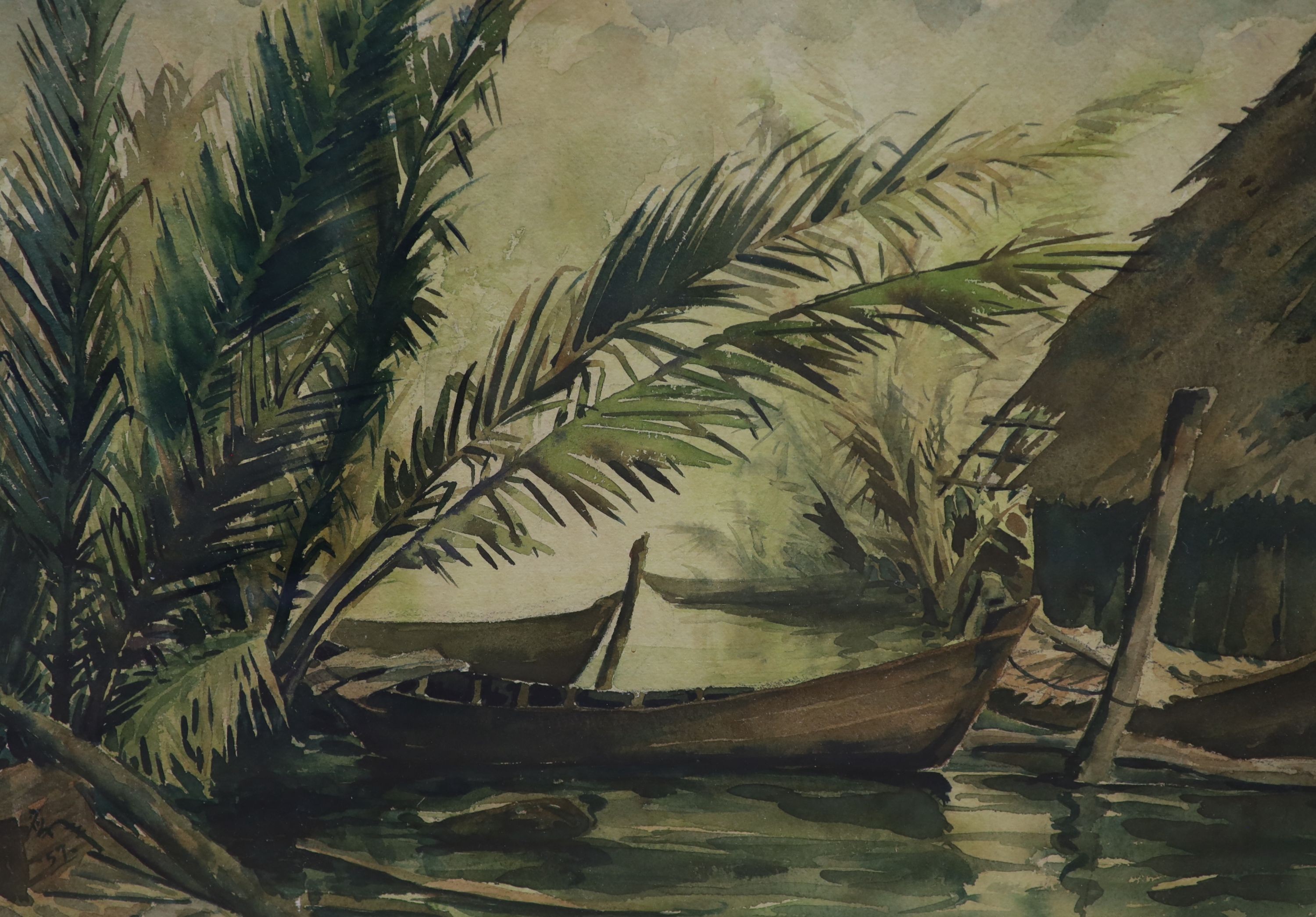 Otto (1962), oil on board, Native girl collecting water, signed and dated, 63 x 47cm, and an Asian watercolour of fishing boats, dated '57, 35 x 48cm